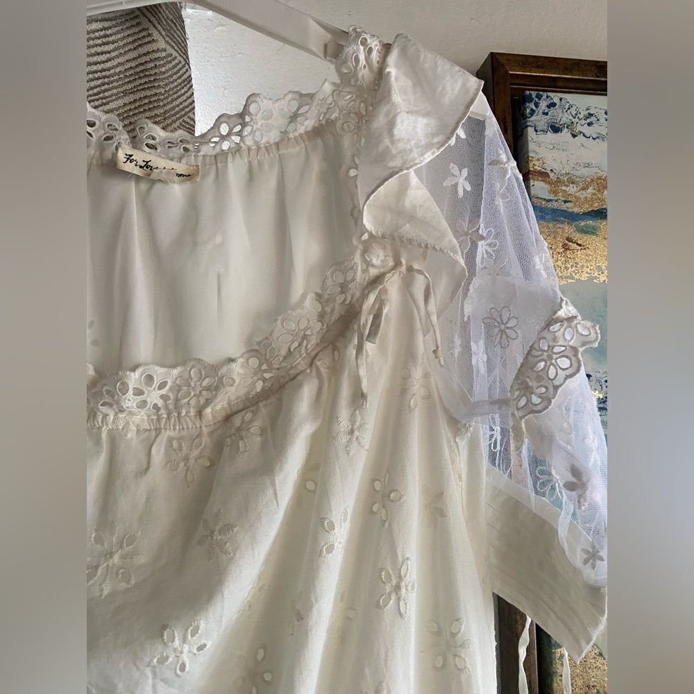 For Love And Lemons Hermosa Eyelet Mini Dress Tunic Beige Sz Small Tulle Sleeve - Picture 7 of 15